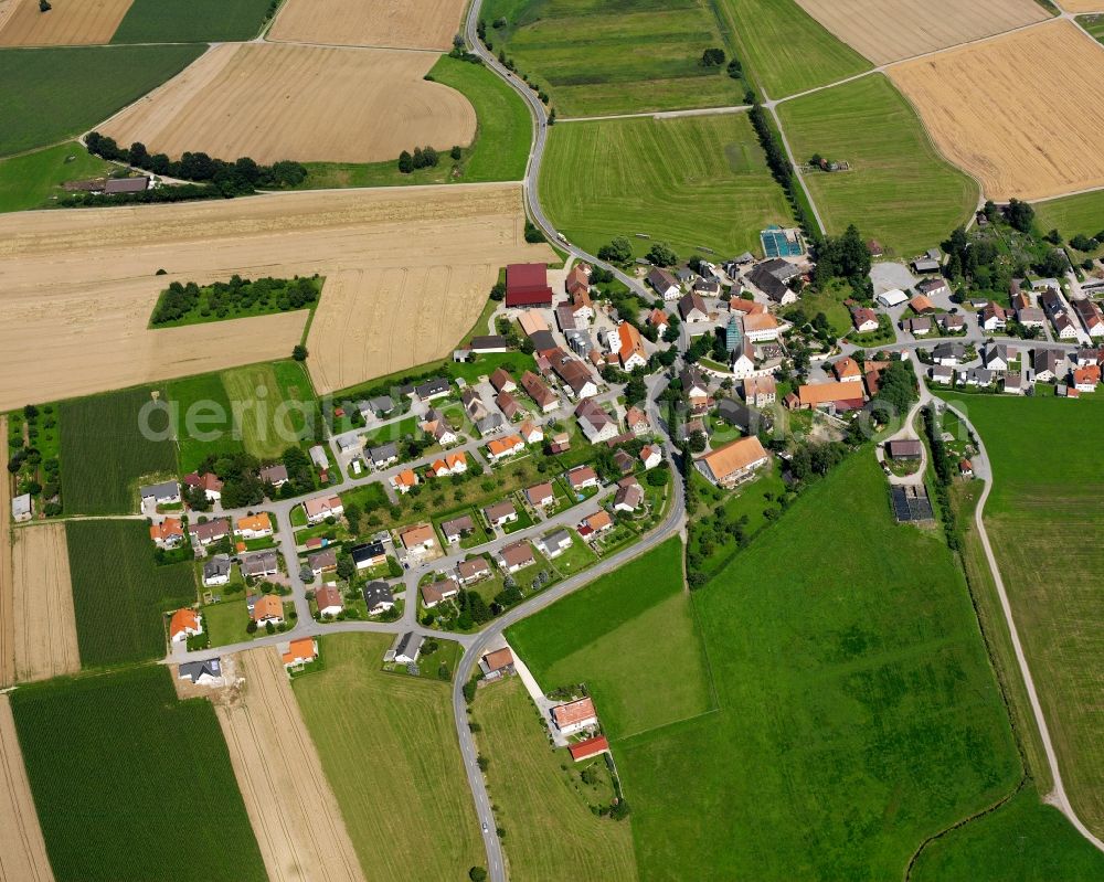 Aerial photograph Moosheim - Agricultural land and field boundaries surround the settlement area of the village in Moosheim in the state Baden-Wuerttemberg, Germany