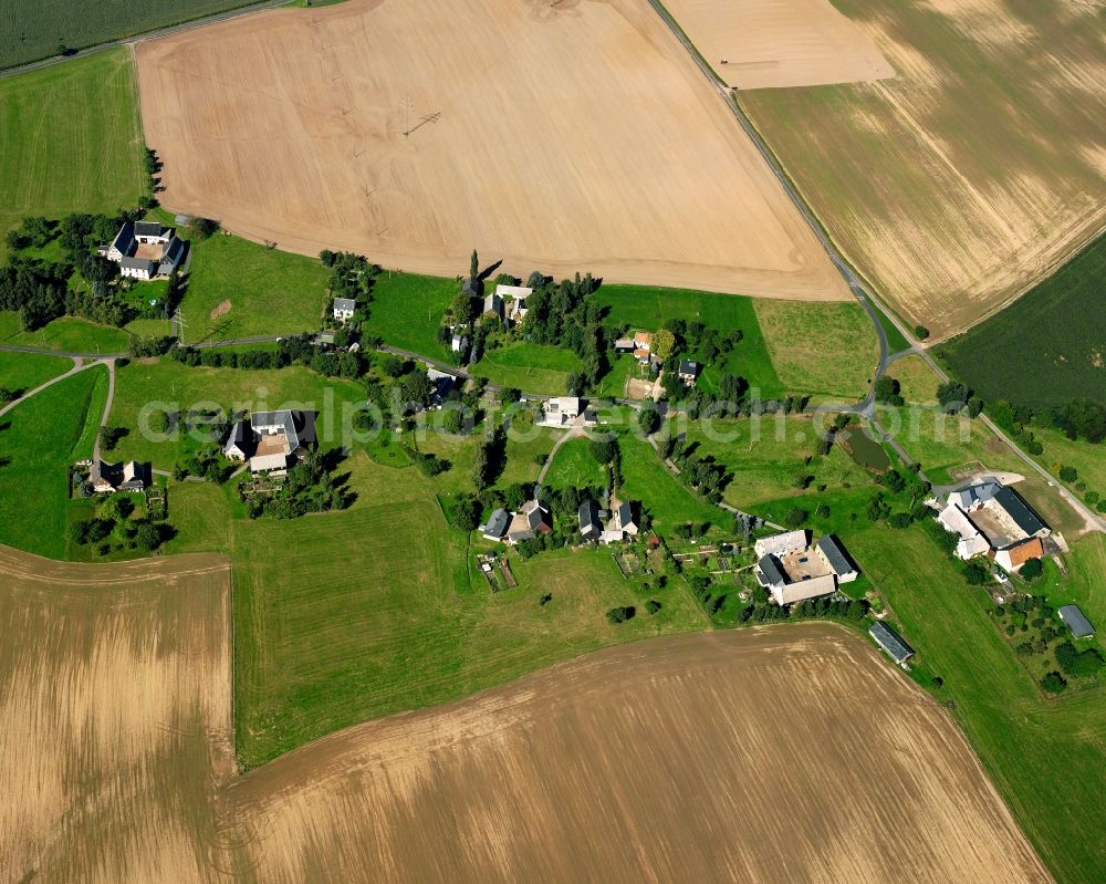 Moosheim from the bird's eye view: Agricultural land and field boundaries surround the settlement area of the village in Moosheim in the state Saxony, Germany