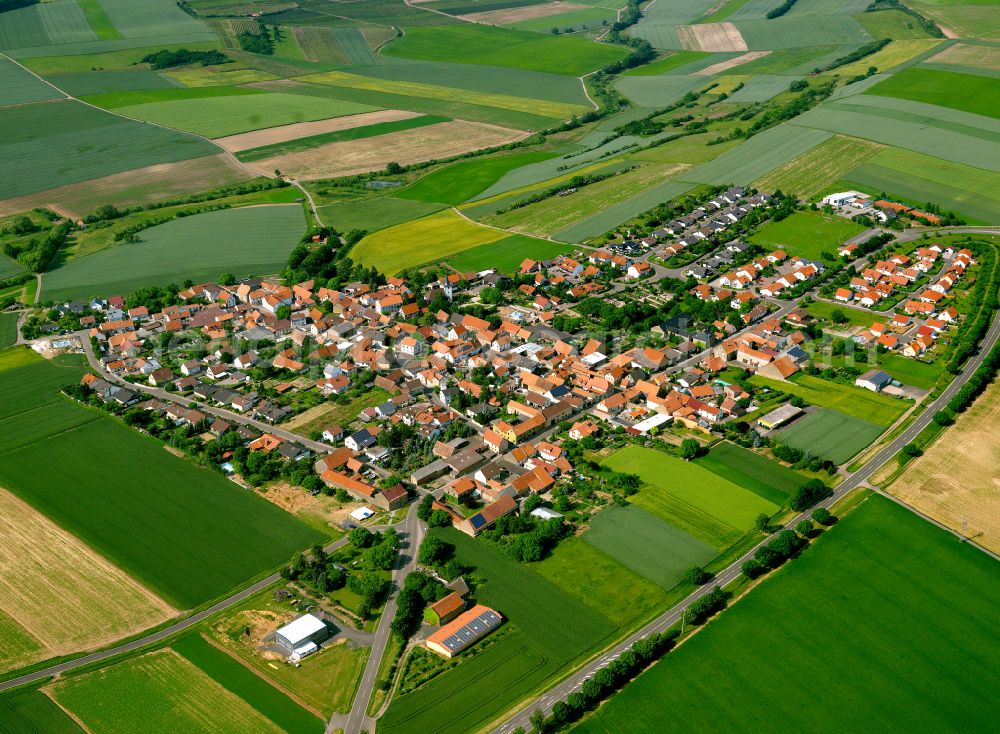 Aerial image Morschheim - Agricultural land and field boundaries surround the settlement area of the village in Morschheim in the state Rhineland-Palatinate, Germany