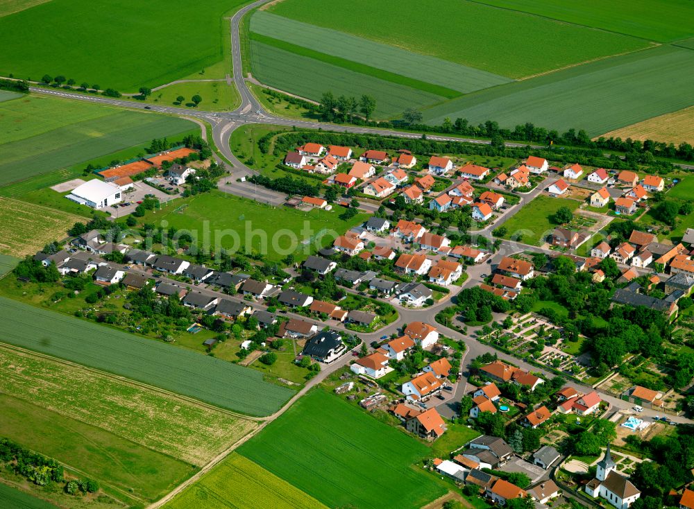 Aerial photograph Morschheim - Agricultural land and field boundaries surround the settlement area of the village in Morschheim in the state Rhineland-Palatinate, Germany