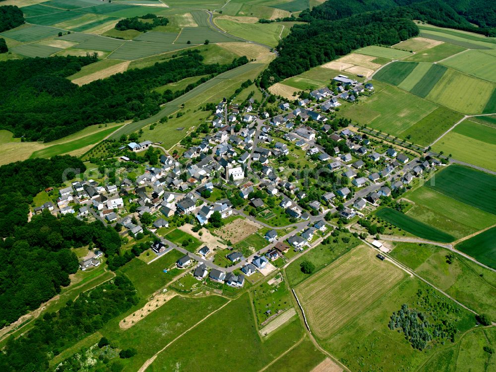 Morshausen from the bird's eye view: Agricultural land and field boundaries surround the settlement area of the village in Morshausen in the state Rhineland-Palatinate, Germany