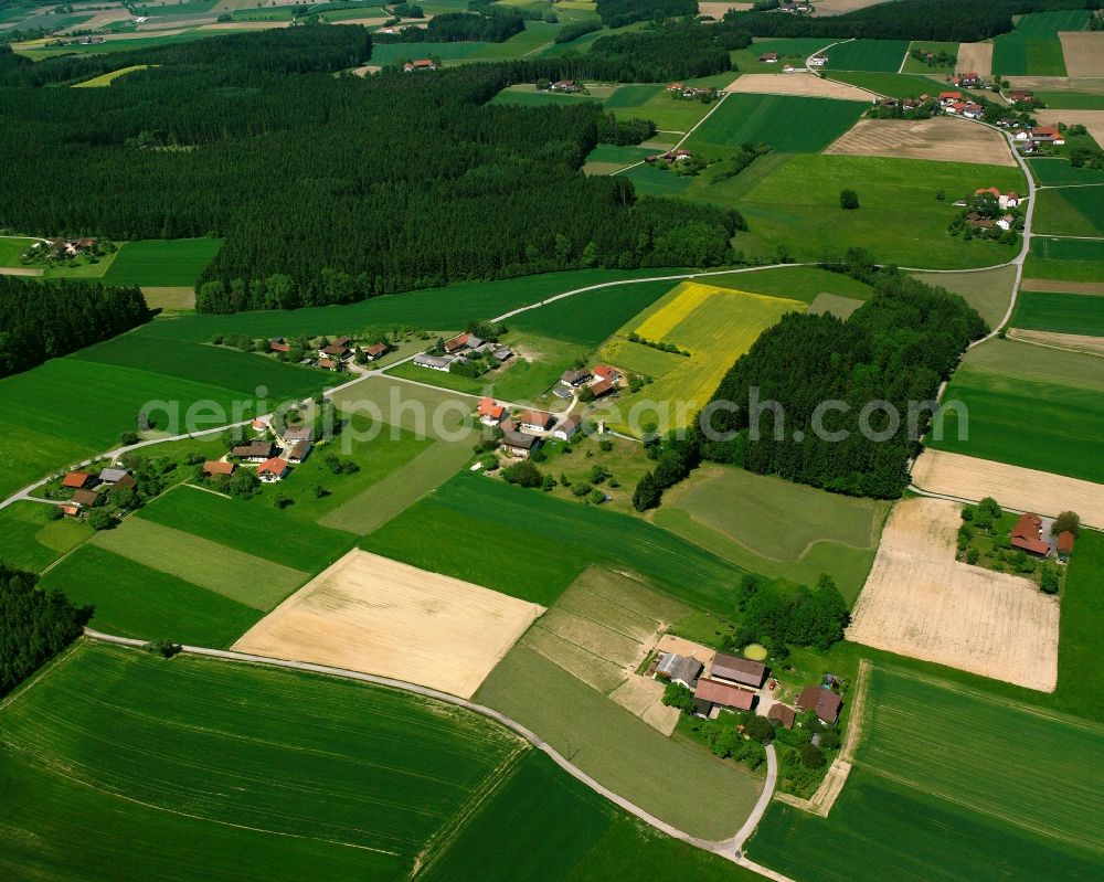 Moserholz from above - Agricultural land and field boundaries surround the settlement area of the village in Moserholz in the state Bavaria, Germany