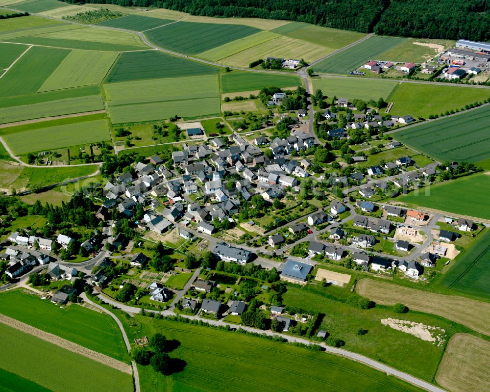 Aerial photograph Mörschbach - Agricultural land and field boundaries surround the settlement area of the village in Mörschbach in the state Rhineland-Palatinate, Germany