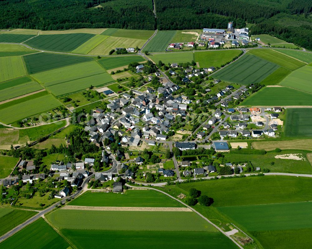 Mörschbach from above - Agricultural land and field boundaries surround the settlement area of the village in Mörschbach in the state Rhineland-Palatinate, Germany