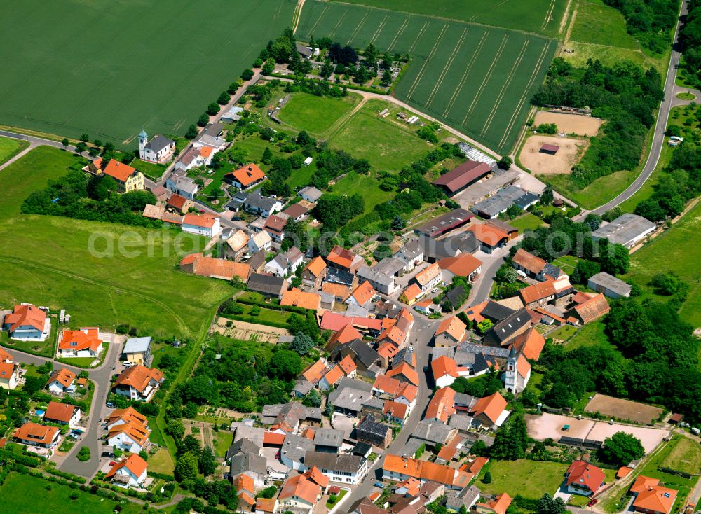 Aerial image Mörsfeld - Agricultural land and field boundaries surround the settlement area of the village in Mörsfeld in the state Rhineland-Palatinate, Germany