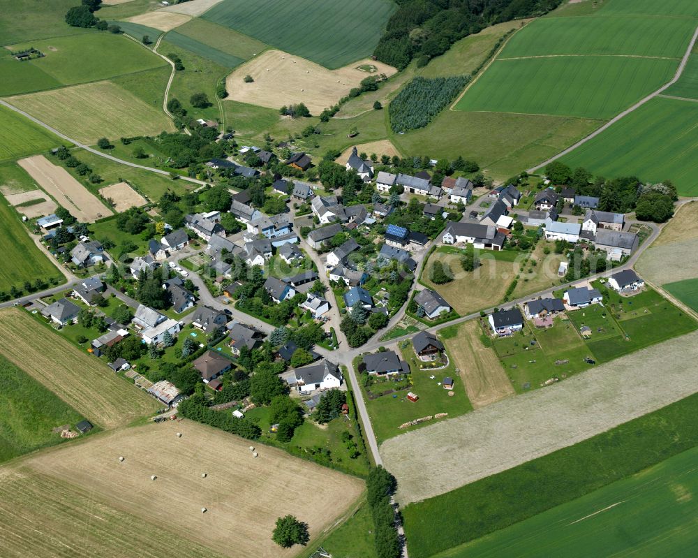 Mörz from above - Agricultural land and field boundaries surround the settlement area of the village in Mörz in the state Rhineland-Palatinate, Germany