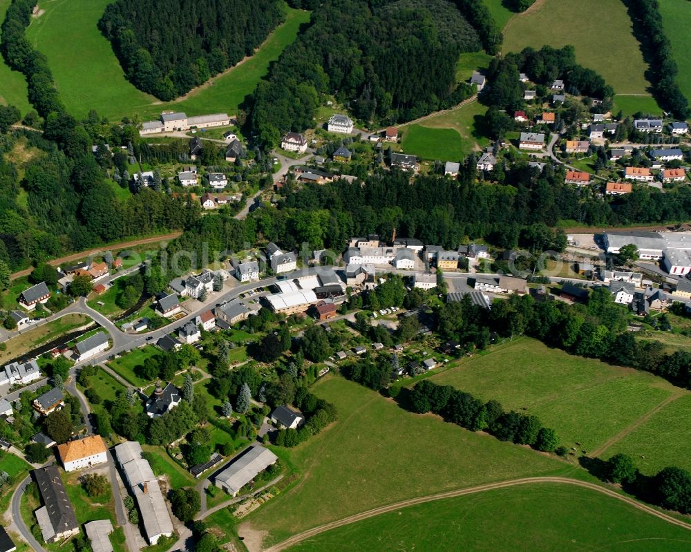 Mulda/Sachsen from above - Agricultural land and field boundaries surround the settlement area of the village in Mulda/Sachsen in the state Saxony, Germany