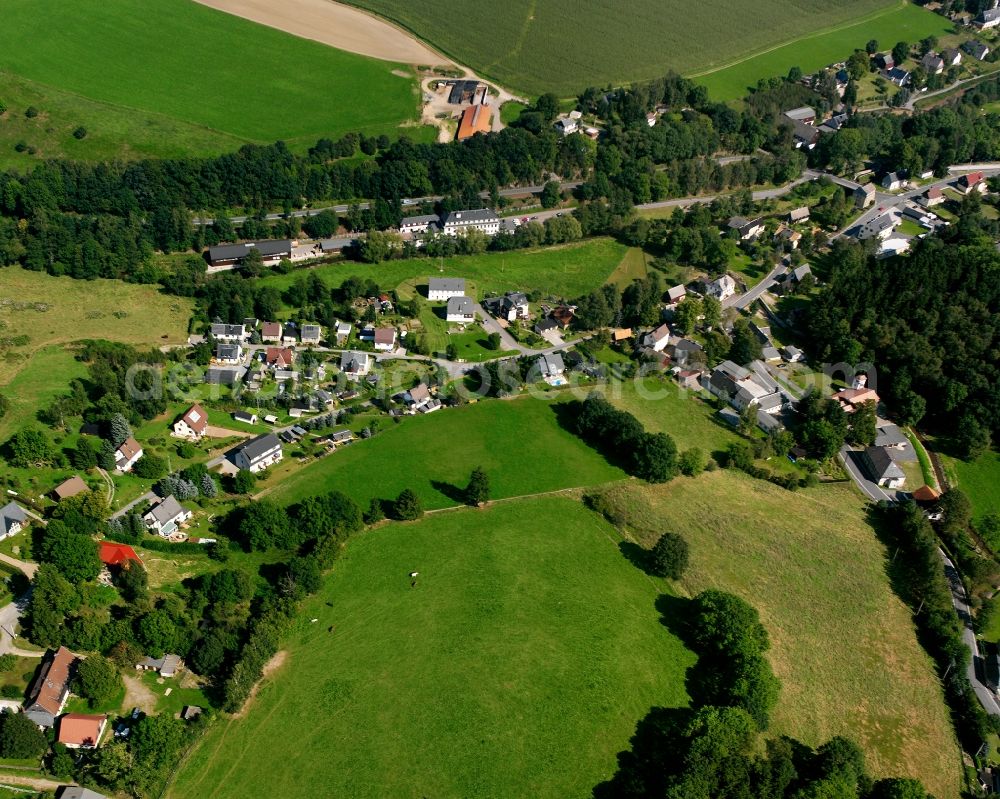 Mulda/Sachsen from above - Agricultural land and field boundaries surround the settlement area of the village in Mulda/Sachsen in the state Saxony, Germany