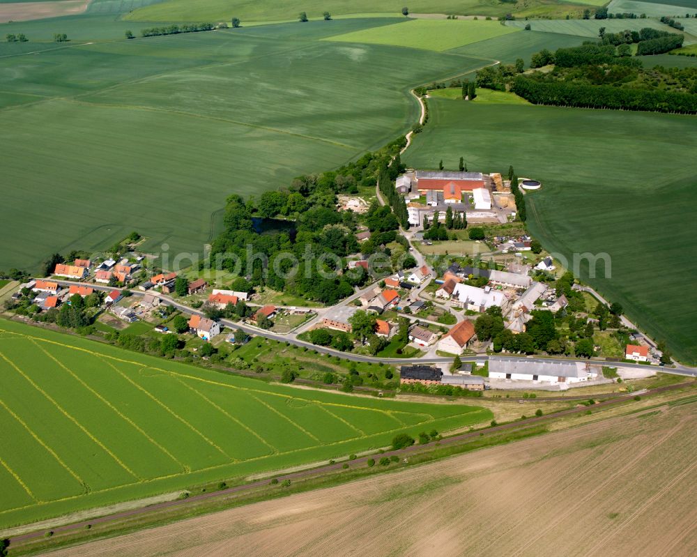 Aerial image Mulmke - Agricultural land and field boundaries surround the settlement area of the village in Mulmke in the state Saxony-Anhalt, Germany