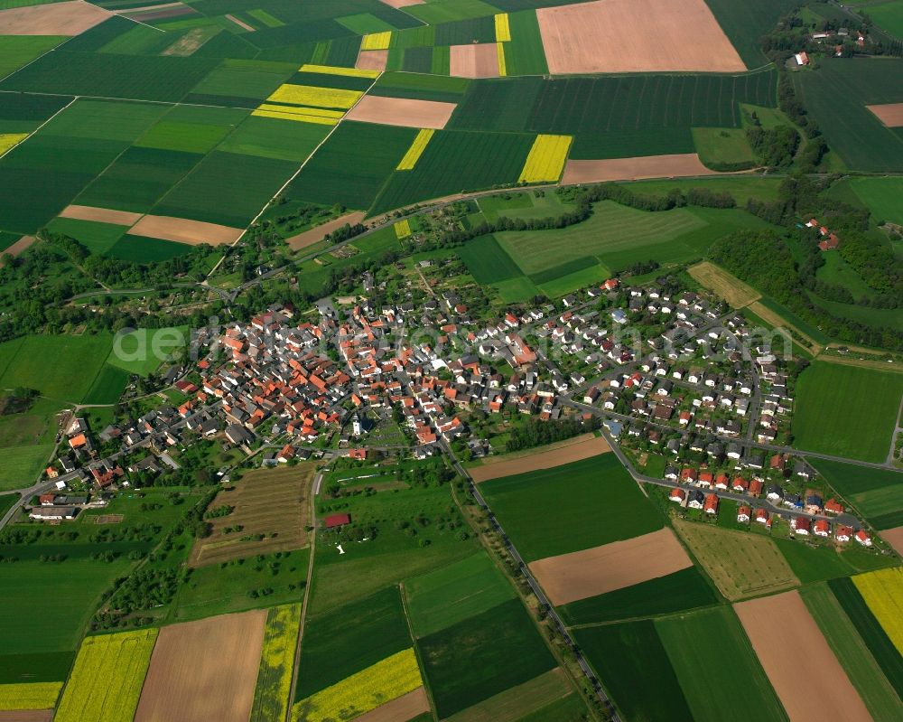 Muschenheim from above - Agricultural land and field boundaries surround the settlement area of the village in Muschenheim in the state Hesse, Germany