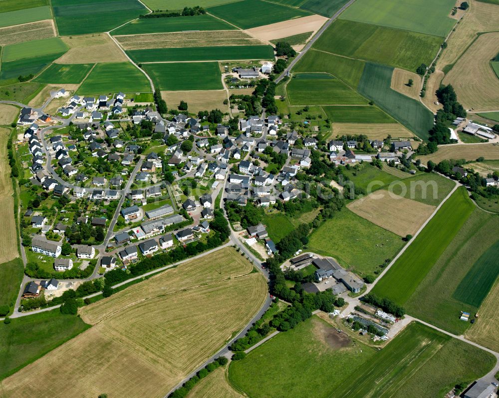 Aerial photograph Mutterschied - Agricultural land and field boundaries surround the settlement area of the village in Mutterschied in the state Rhineland-Palatinate, Germany