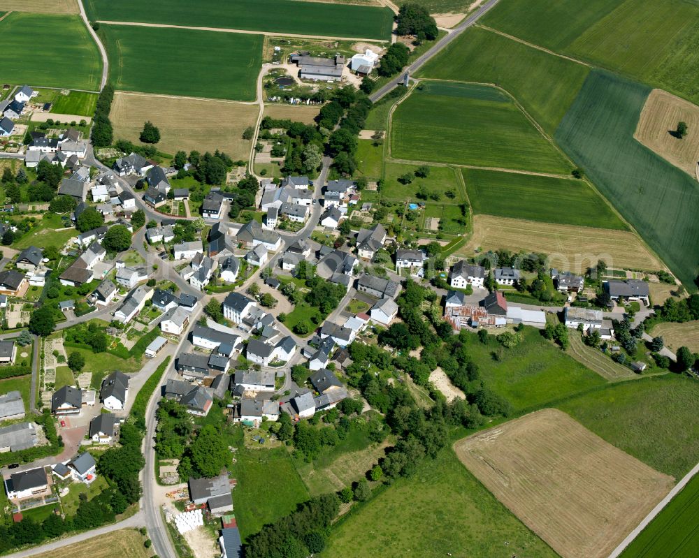 Mutterschied from above - Agricultural land and field boundaries surround the settlement area of the village in Mutterschied in the state Rhineland-Palatinate, Germany