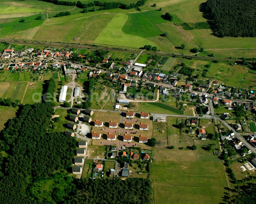 Nedlitz from above - Agricultural land and field boundaries surround the settlement area of the village in Nedlitz in the state Saxony-Anhalt, Germany