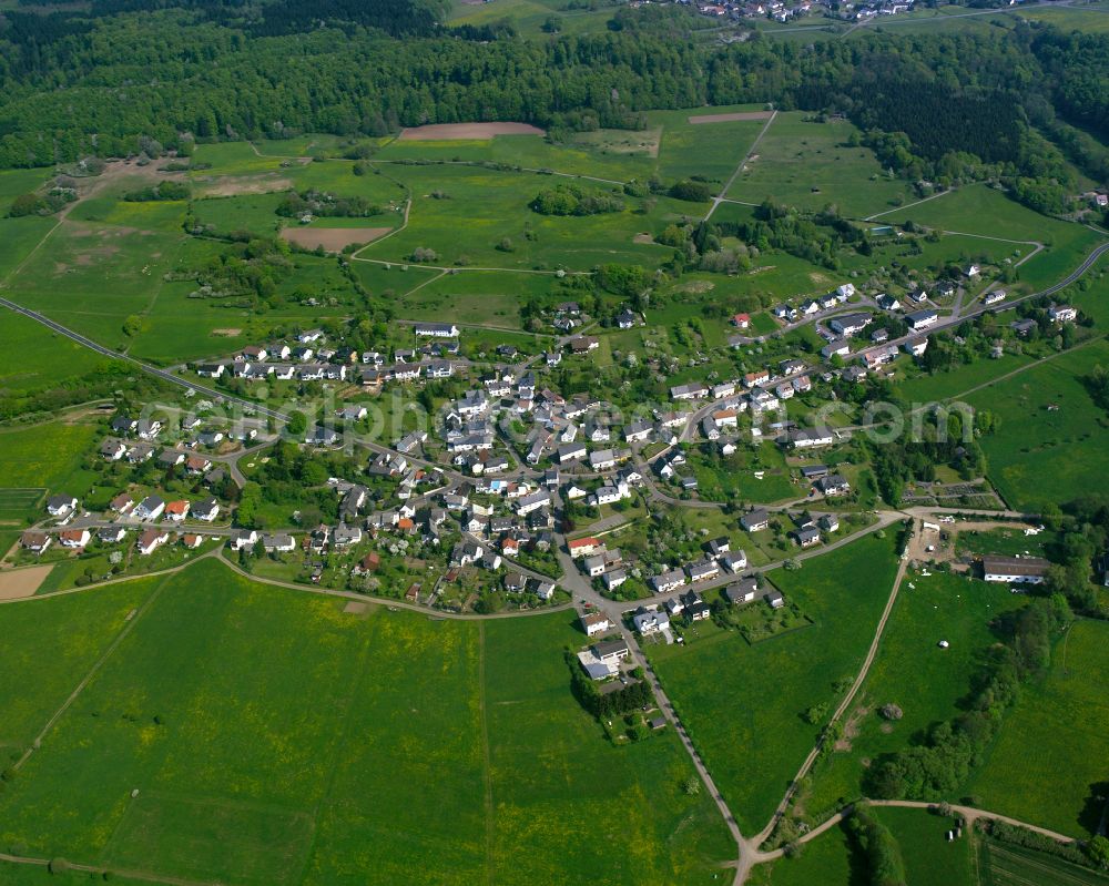 Nenderoth from above - Agricultural land and field boundaries surround the settlement area of the village in Nenderoth in the state Hesse, Germany