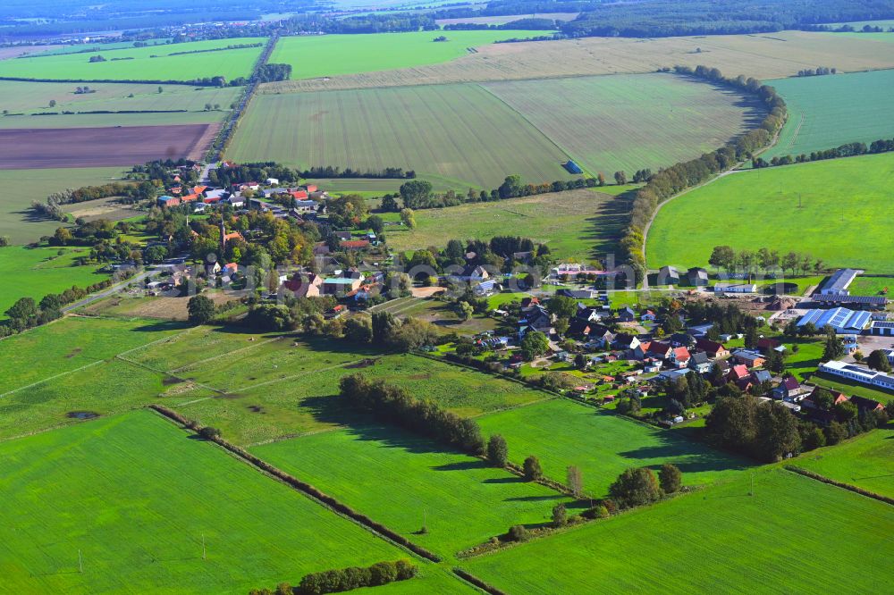 Neu Brenz from above - Agricultural land and field boundaries surround the settlement area of the village in Neu Brenz in the state Mecklenburg - Western Pomerania, Germany