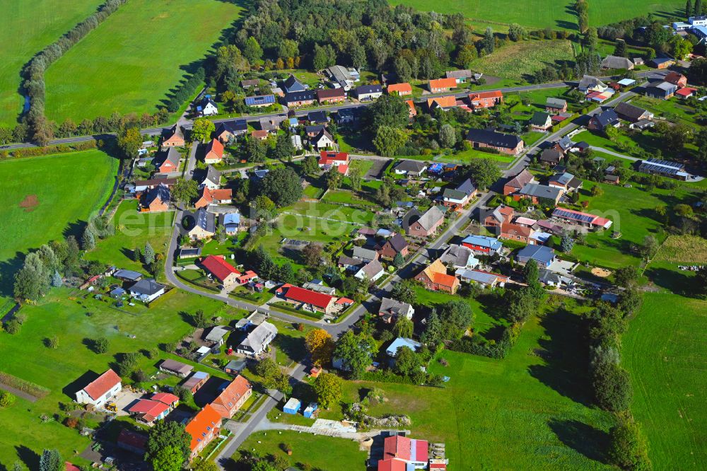 Neu Brenz from the bird's eye view: Agricultural land and field boundaries surround the settlement area of the village in Neu Brenz in the state Mecklenburg - Western Pomerania, Germany