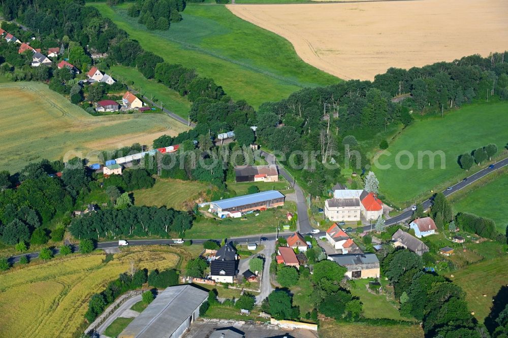 Aerial image Neuböhla - Agricultural land and field boundaries surround the settlement area of the village in Neuboehla in the state Saxony, Germany