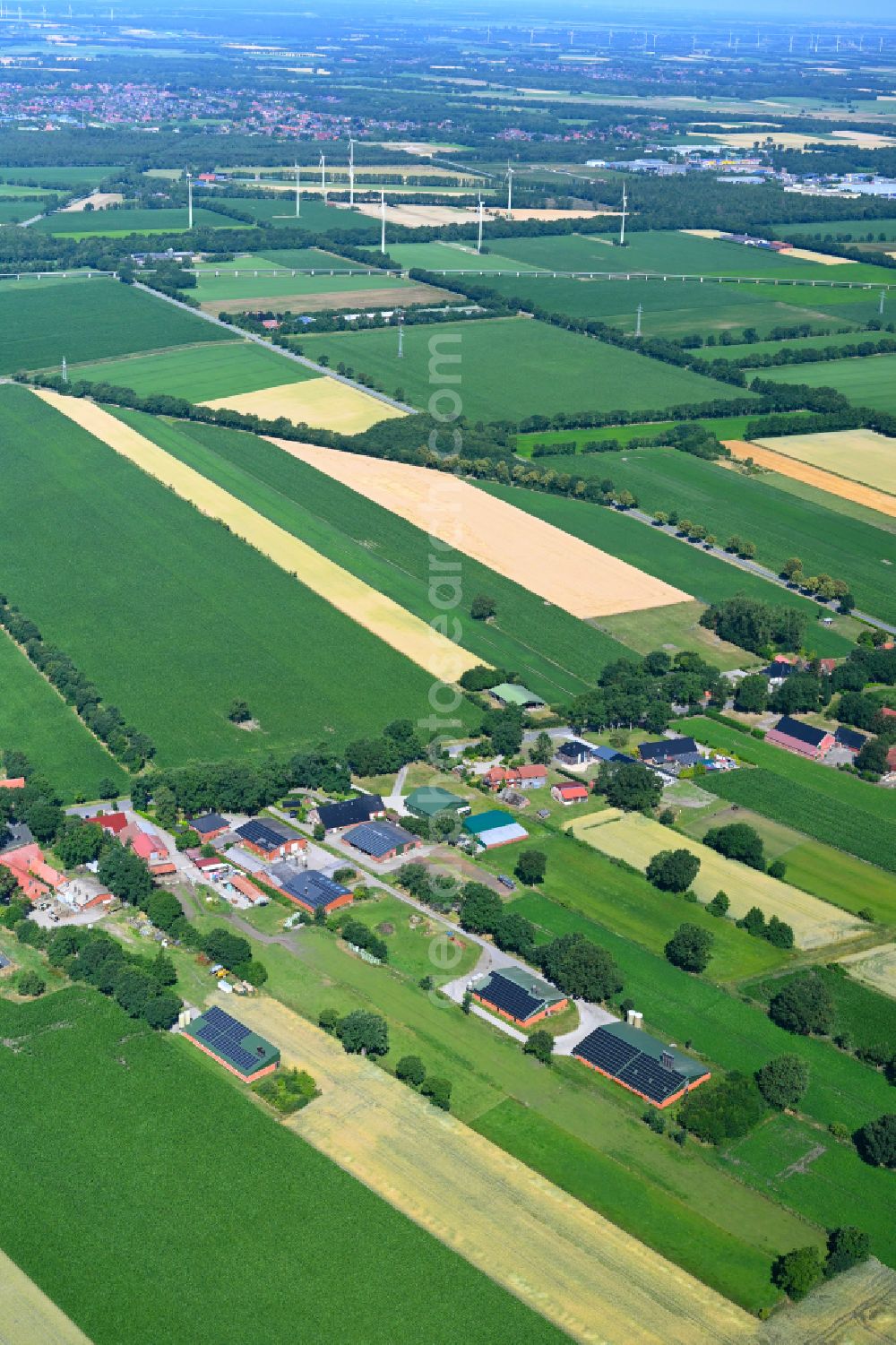 Neudörpen from above - Agricultural land and field boundaries surround the settlement area of the village in Neudörpen in the state Lower Saxony, Germany