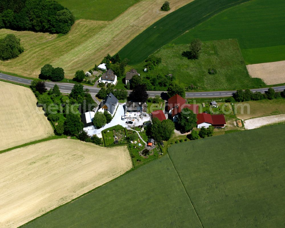 Neuenhaus from above - Agricultural land and field boundaries surround the settlement area of the village in Neuenhaus in the state North Rhine-Westphalia, Germany