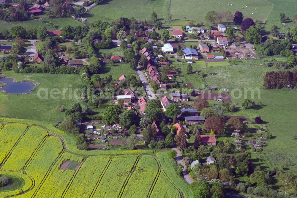 Neuenkirchen from above - Agricultural land and field boundaries surround the settlement area of the village in Neuenkirchen in the state Mecklenburg - Western Pomerania, Germany