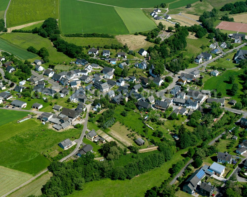 Aerial image Neuerkirch - Agricultural land and field boundaries surround the settlement area of the village in Neuerkirch in the state Rhineland-Palatinate, Germany