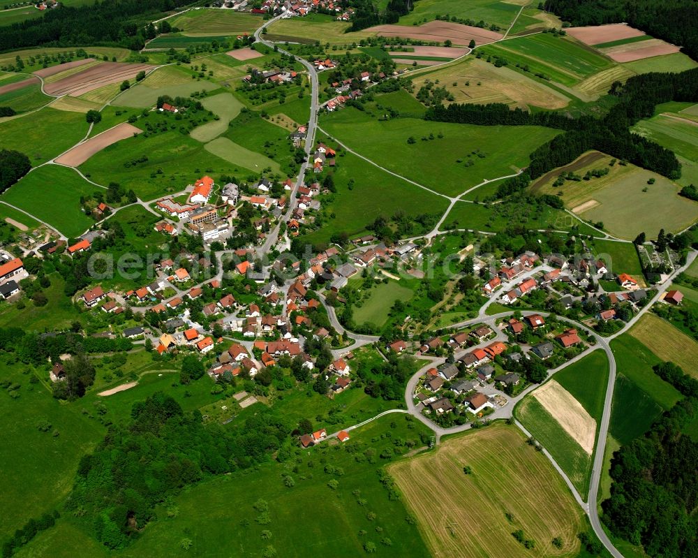 Neufürstenhütte from above - Agricultural land and field boundaries surround the settlement area of the village in Neufürstenhütte in the state Baden-Wuerttemberg, Germany