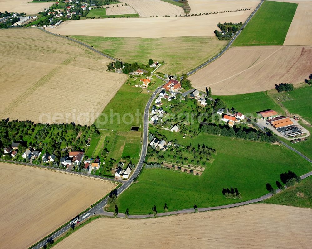 Neugepülzig from above - Agricultural land and field boundaries surround the settlement area of the village in Neugepülzig in the state Saxony, Germany