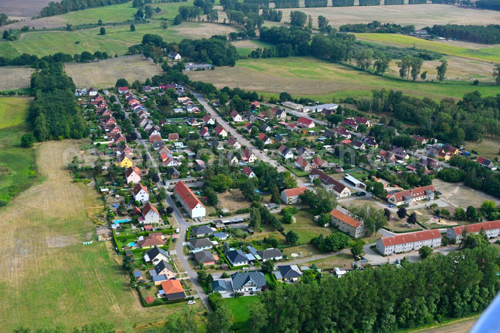 Neuholland from above - Agricultural land and field boundaries surround the settlement area of the village in Neuholland in the state Brandenburg, Germany