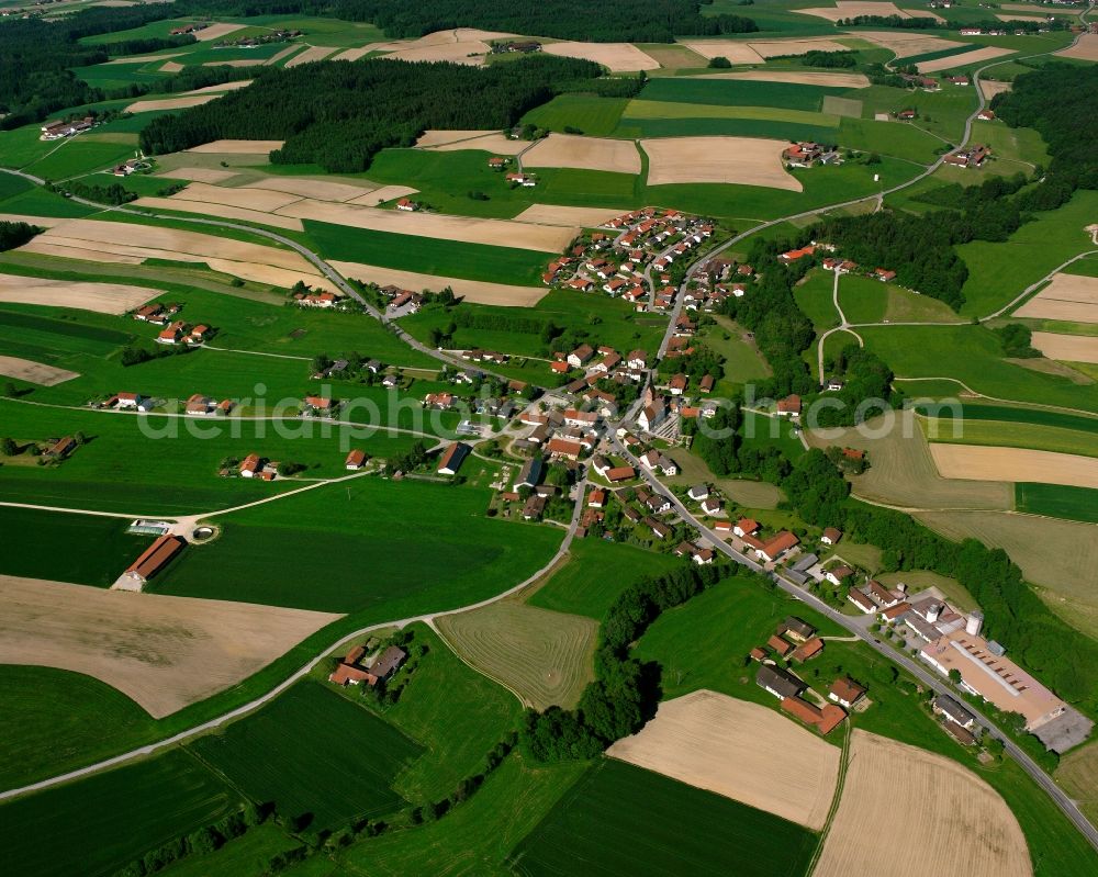 Neukirchen from above - Agricultural land and field boundaries surround the settlement area of the village in Neukirchen in the state Bavaria, Germany