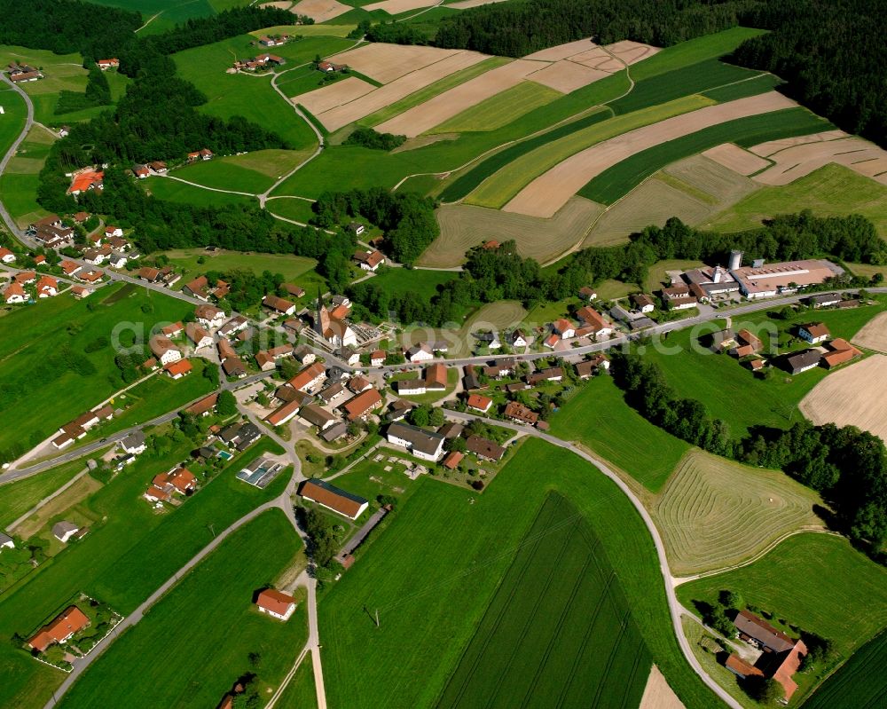 Neukirchen from the bird's eye view: Agricultural land and field boundaries surround the settlement area of the village in Neukirchen in the state Bavaria, Germany