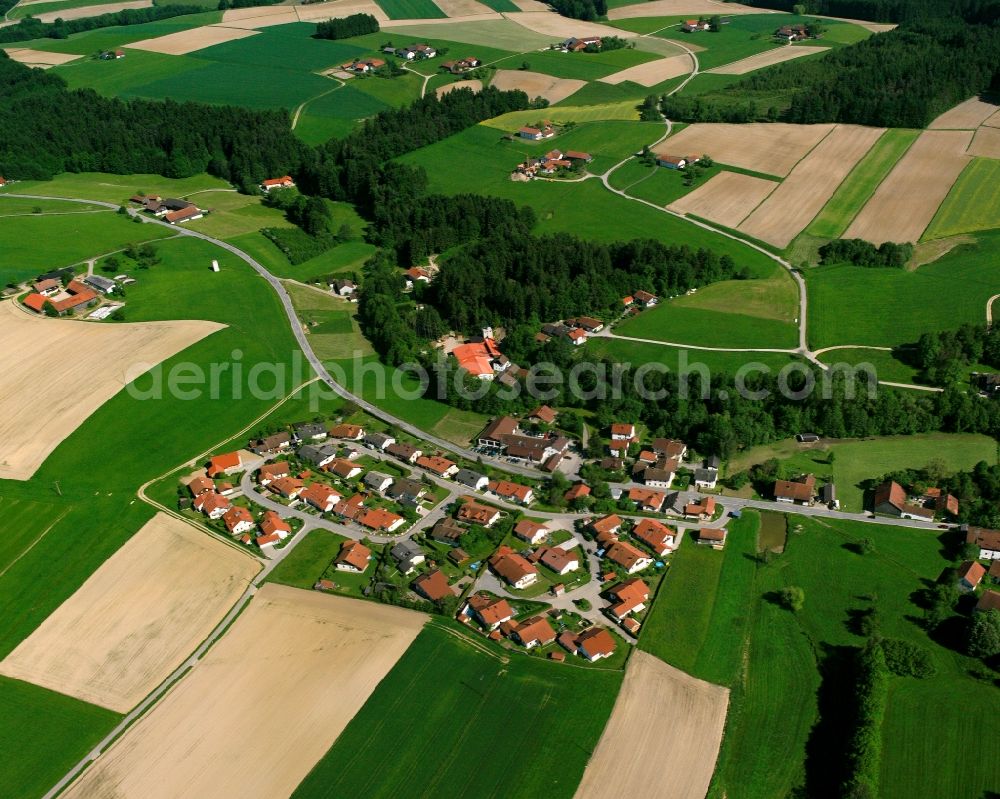 Aerial image Neukirchen - Agricultural land and field boundaries surround the settlement area of the village in Neukirchen in the state Bavaria, Germany