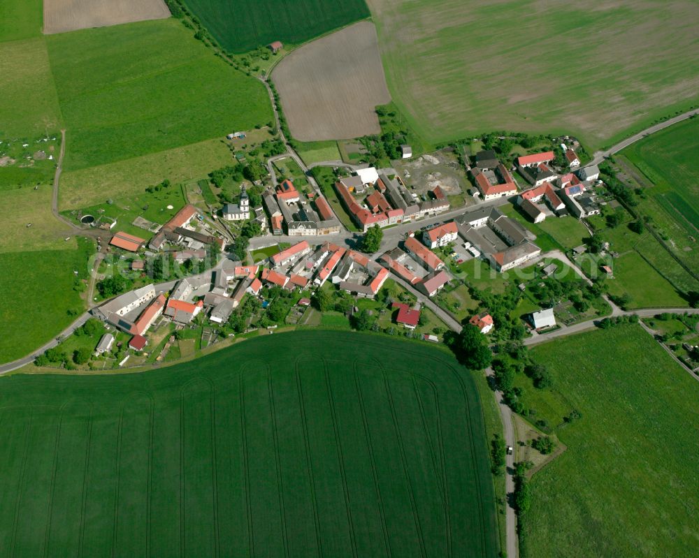 Neundorf from above - Agricultural land and field boundaries surround the settlement area of the village in Neundorf in the state Thuringia, Germany