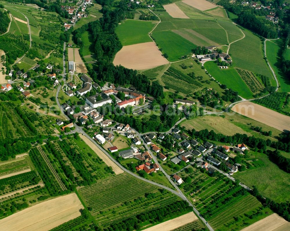 Neusatz from above - Agricultural land and field boundaries surround the settlement area of the village in Neusatz in the state Baden-Wuerttemberg, Germany