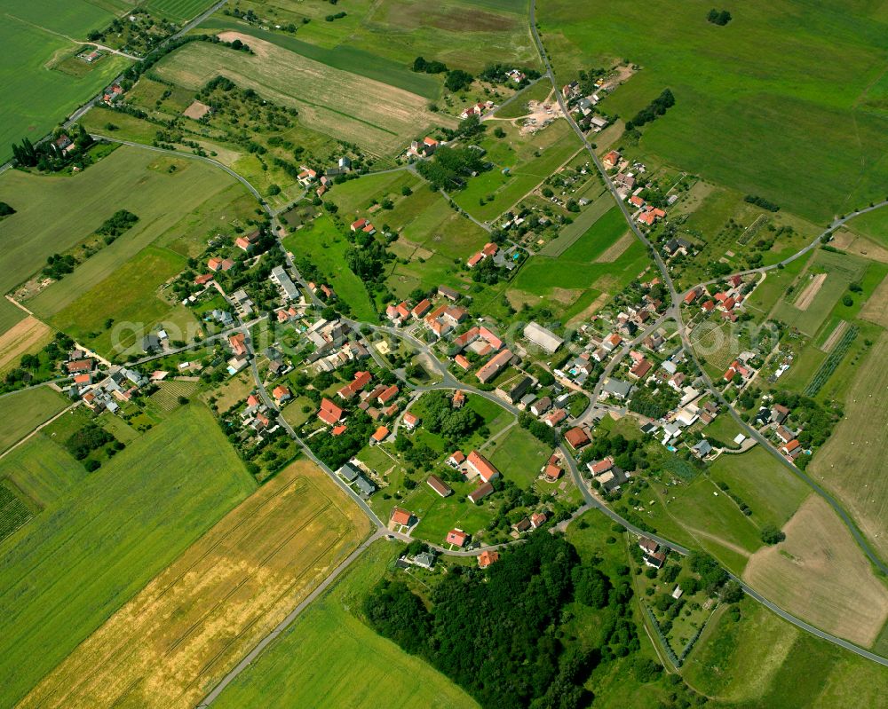 Aerial image Neuseußlitz - Agricultural land and field boundaries surround the settlement area of the village in Neuseußlitz in the state Saxony, Germany