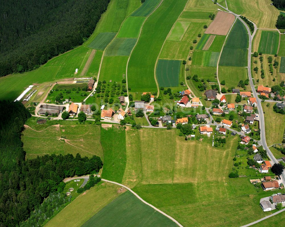 Neuweiler from above - Agricultural land and field boundaries surround the settlement area of the village in Neuweiler in the state Baden-Wuerttemberg, Germany