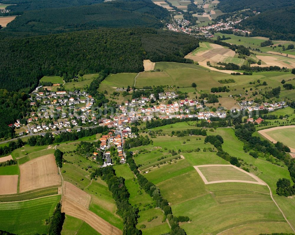 Aerial photograph Nieder-Kinzig - Agricultural land and field boundaries surround the settlement area of the village in Nieder-Kinzig in the state Hesse, Germany