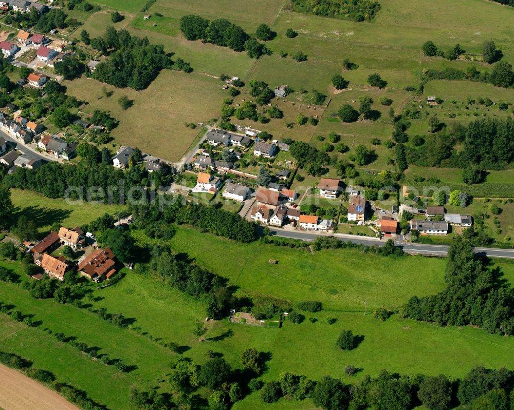 Aerial image Nieder-Kinzig - Agricultural land and field boundaries surround the settlement area of the village in Nieder-Kinzig in the state Hesse, Germany