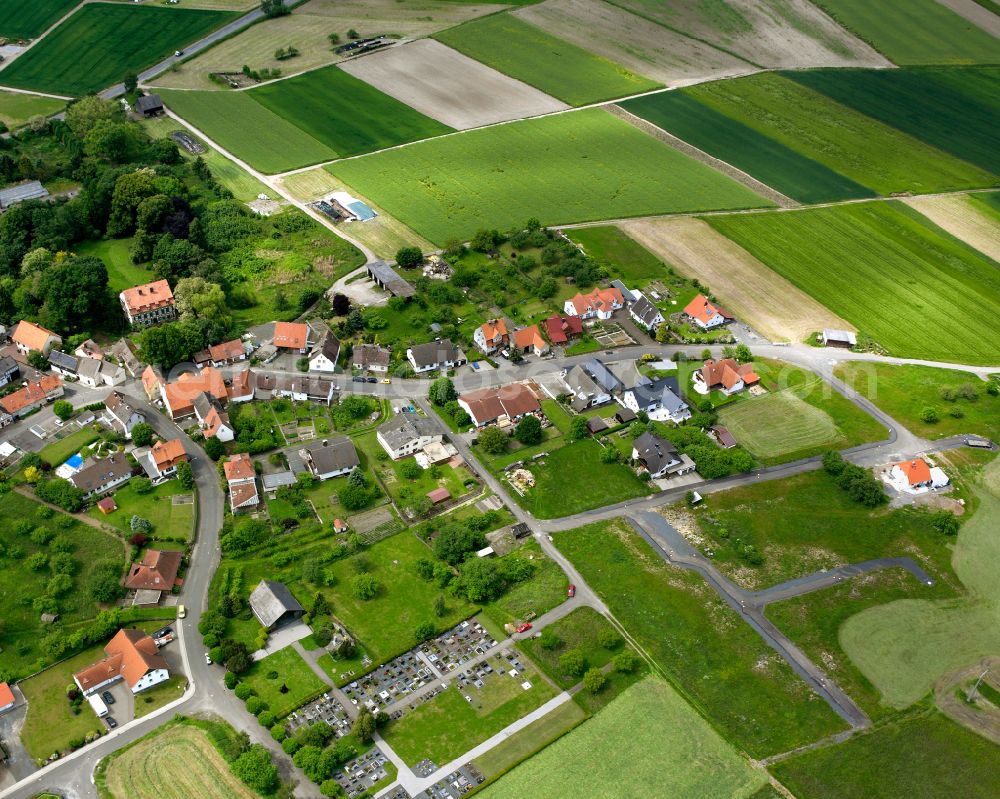 Nieder-Ofleiden from above - Agricultural land and field boundaries surround the settlement area of the village in Nieder-Ofleiden in the state Hesse, Germany