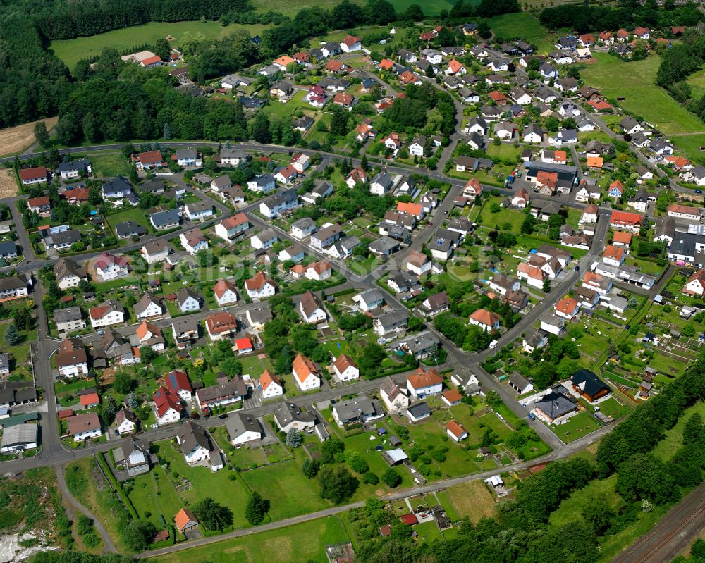 Aerial photograph Nieder-Ohmen - Agricultural land and field boundaries surround the settlement area of the village in Nieder-Ohmen in the state Hesse, Germany