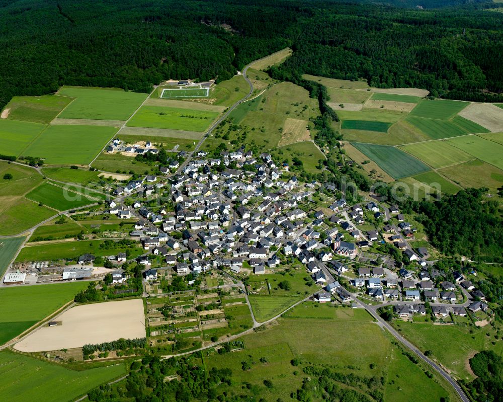 Aerial photograph Niederburg - Agricultural land and field boundaries surround the settlement area of the village in Niederburg in the state Rhineland-Palatinate, Germany