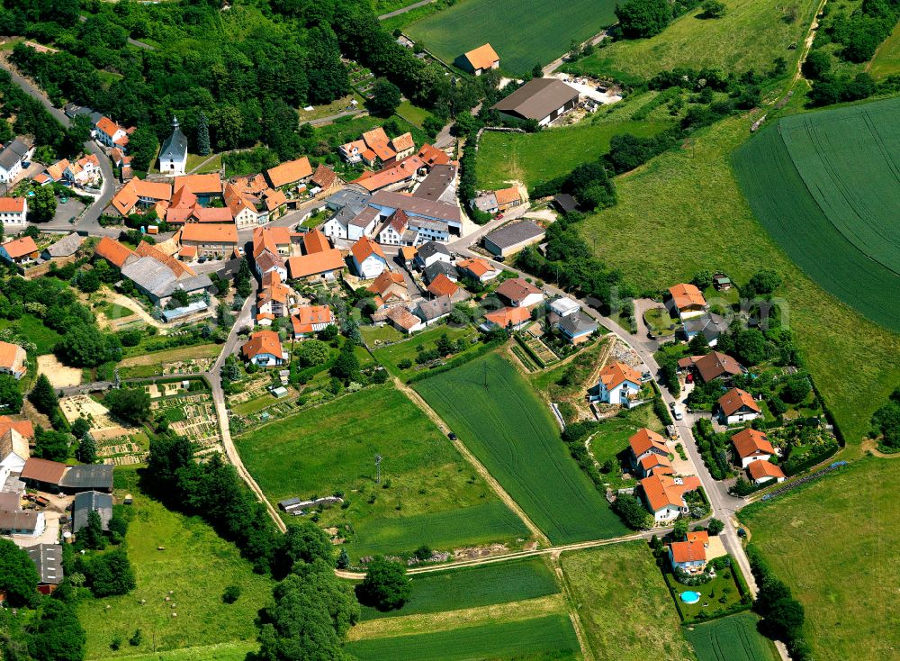 Aerial photograph Niederhausen an der Appel - Agricultural land and field boundaries surround the settlement area of the village in Niederhausen an der Appel in the state Rhineland-Palatinate, Germany