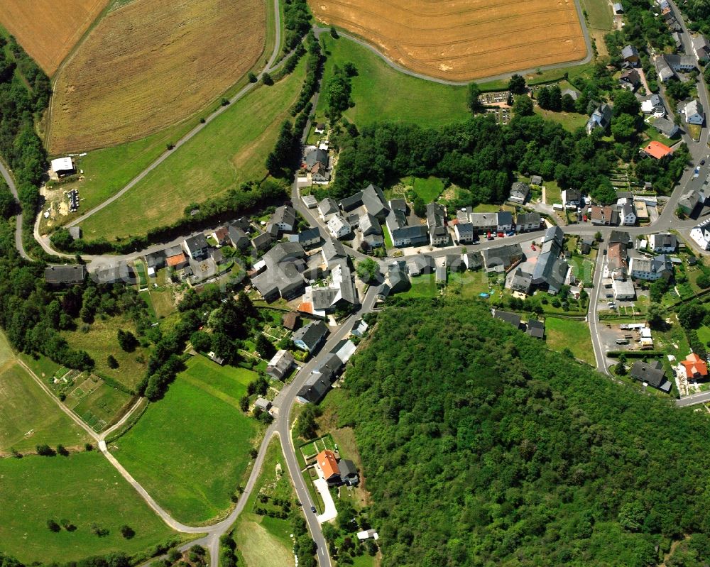 Niederhosenbach from the bird's eye view: Agricultural land and field boundaries surround the settlement area of the village in Niederhosenbach in the state Rhineland-Palatinate, Germany