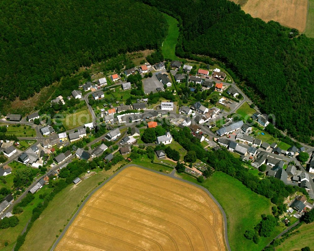 Aerial image Niederhosenbach - Agricultural land and field boundaries surround the settlement area of the village in Niederhosenbach in the state Rhineland-Palatinate, Germany