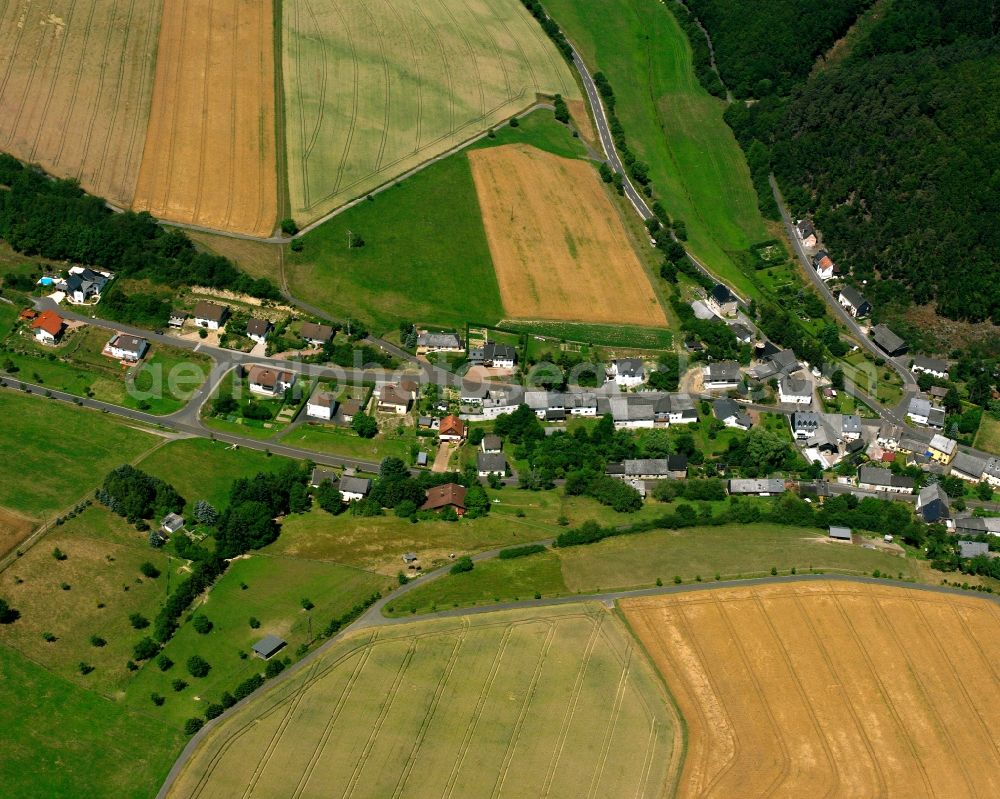 Aerial photograph Niederhosenbach - Agricultural land and field boundaries surround the settlement area of the village in Niederhosenbach in the state Rhineland-Palatinate, Germany