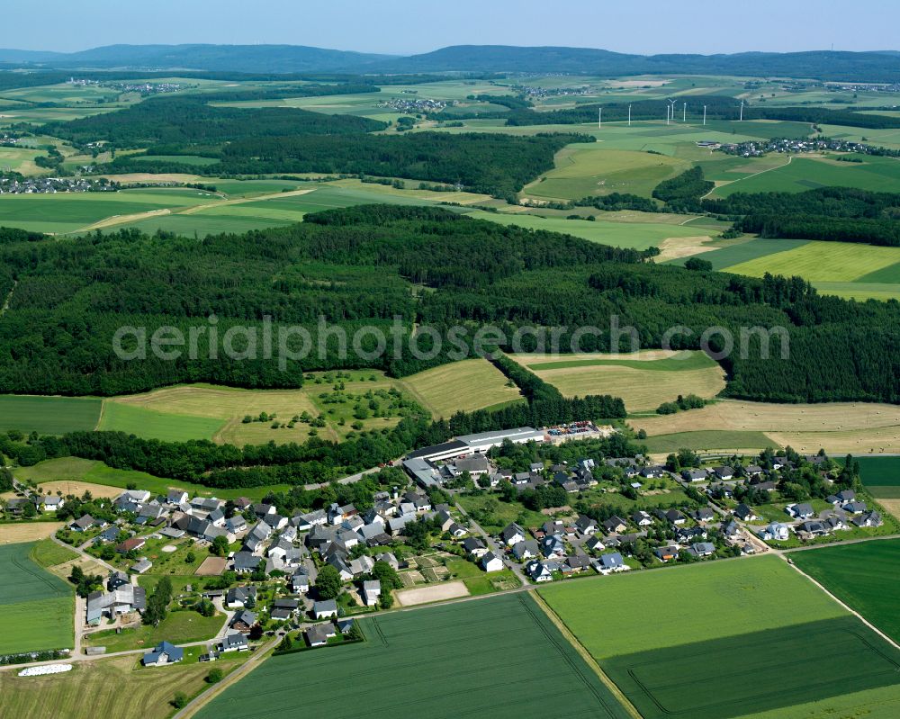 Aerial image Niederkumbd - Agricultural land and field boundaries surround the settlement area of the village in Niederkumbd in the state Rhineland-Palatinate, Germany