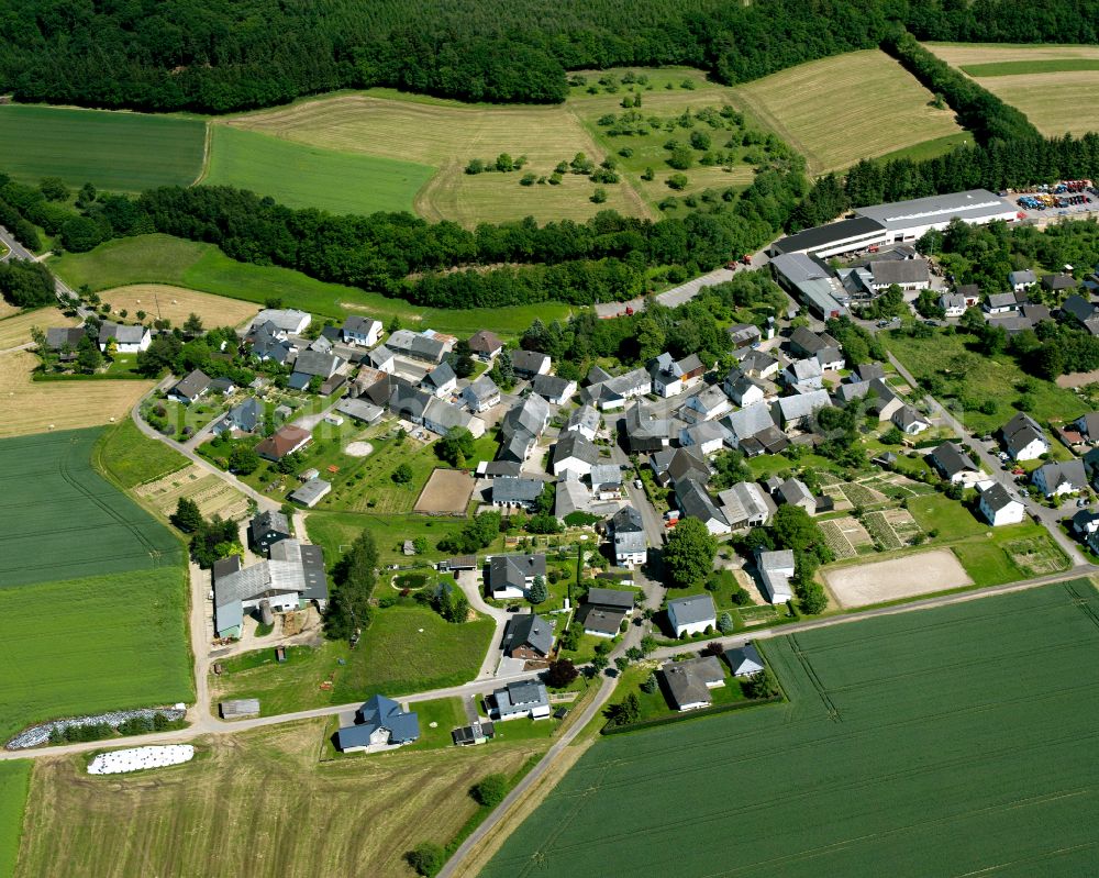 Niederkumbd from above - Agricultural land and field boundaries surround the settlement area of the village in Niederkumbd in the state Rhineland-Palatinate, Germany