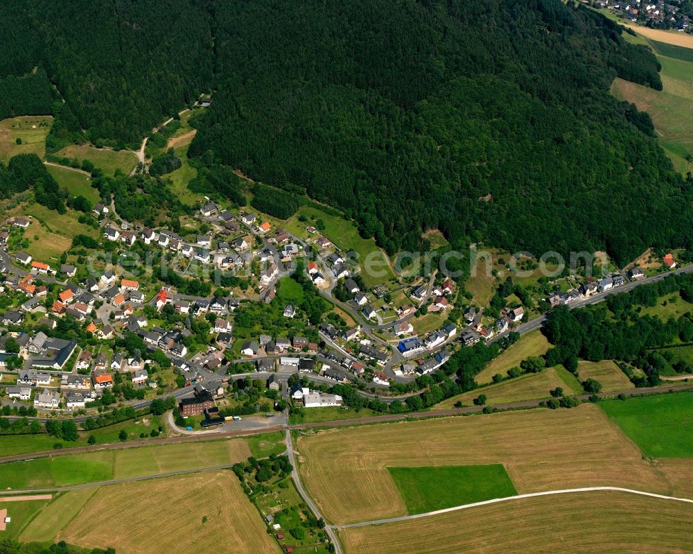 Niederlaasphe from above - Agricultural land and field boundaries surround the settlement area of the village in Niederlaasphe in the state North Rhine-Westphalia, Germany