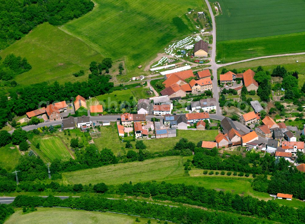 Aerial image Niedermoschel - Agricultural land and field boundaries surround the settlement area of the village in Niedermoschel in the state Rhineland-Palatinate, Germany