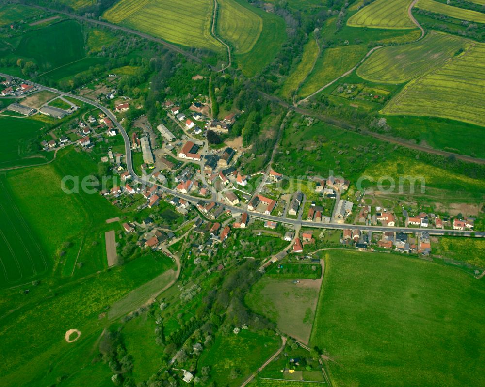 Aerial image Niederndorf - Agricultural land and field boundaries surround the settlement area of the village in Niederndorf in the state Thuringia, Germany