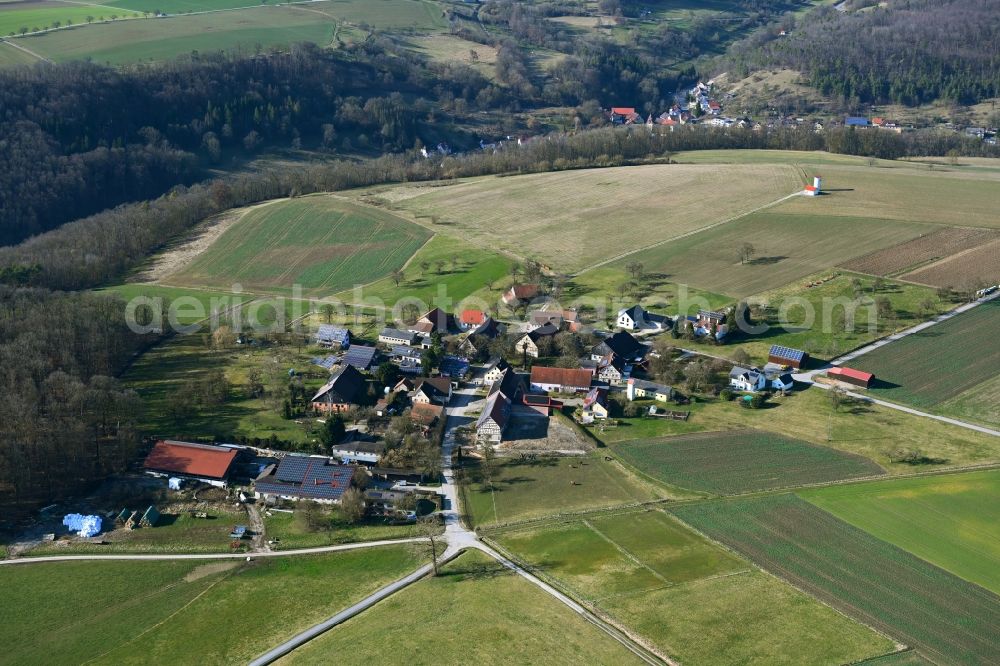 Aerial image Niedernhall - Agricultural land and field boundaries surround the settlement area of the village in Niedernhall in the state Baden-Wuerttemberg, Germany